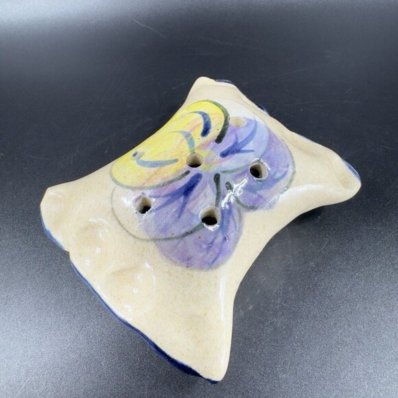 TB Pots Pottery Flower Frog Holder Hand Painted Made In Maine Stoneware Vintage - Picture 11 of 15